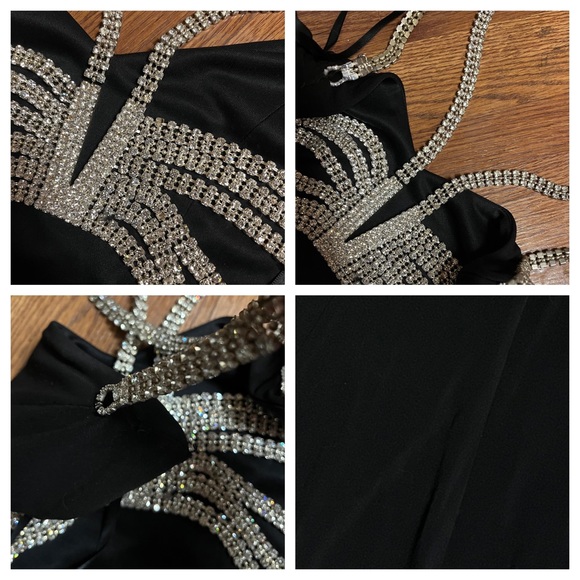 Vintage 90’s Dress Metal Diamond Rhinestone Backless Dress Maxi Black Slip Prom - Picture 12 of 17